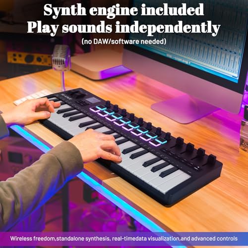 Image of M-VAVE 37 Key USB MIDI Keyboard Controller With 16 Backlit Drum Pads, Bluetooth Semi Weighted Professional dynamic keybed 8 Knobs and Music Production,Software Included (37 Key Black)