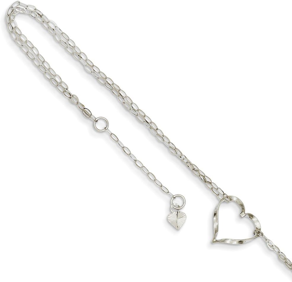 14K White Gold Double Strand Heart Anklet 9 Inches