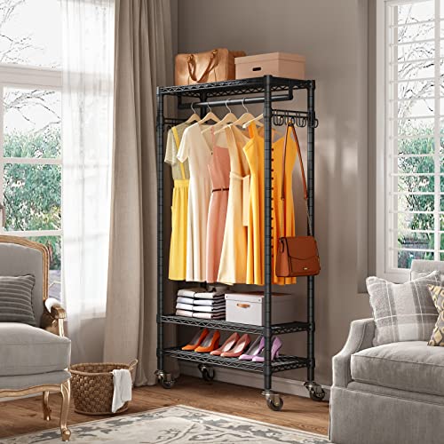 Vipek X1 Medium Rolling Clothes Rack Portable Garment Rack For Hanging Clothes, 3 Wire Shelves Freestanding Heavy Duty Clothing Racks Storage Drying Rack With Wheels, Hanging Rod, Side Hooks, Black #TOP1