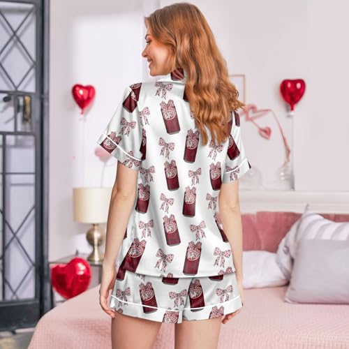 Image of Women 2PCs Satin Pajama Set Short Sleeve Silk Feel Gift Sleepwear | Soft stretch satin; relaxed comfort fit sizes S-3XL for sleep & lounge; short sleeve top, elastic waist shorts; easy care