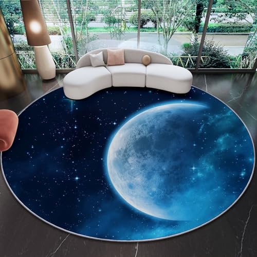 Alfombra Redonda Antideslizante 90 cm - Azul Oscuro Alfombra Redonda Estampada de Franela Fantasía Galaxia Espacio Luna, Esponjoso Suave Alfombras para Sala de Estar Entrada