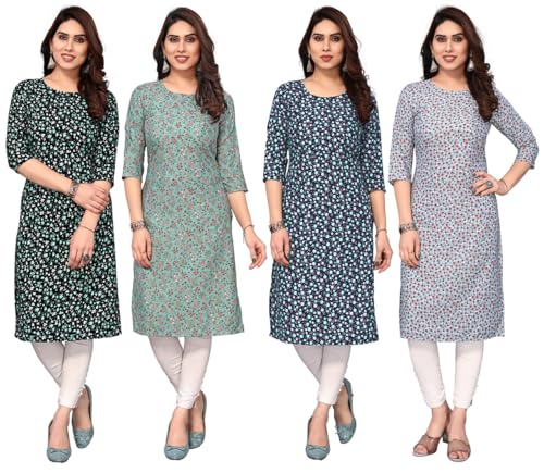 Image of JAKHANA Women's Crepe Printed Casual Straight Calf Length Round Nick Kurta Pack of 4