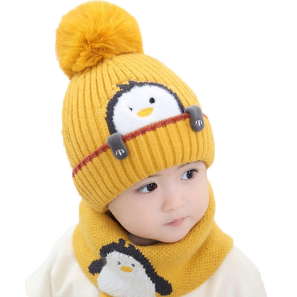 Baby Winter Cute Knit Hat, Cartoon Penguin Beanie Hat Knit Caps with Pompom, Fleece Lining Loop Scarves Set for Kids Toddler Boys Girls 1-3 Years Old, Yellow
