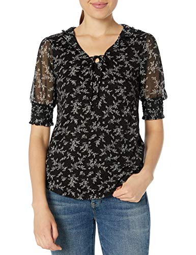 Lucky Brand Women's 3/4 Sleeve Mix Media V-Neck Flutter Top, Black Multi, M