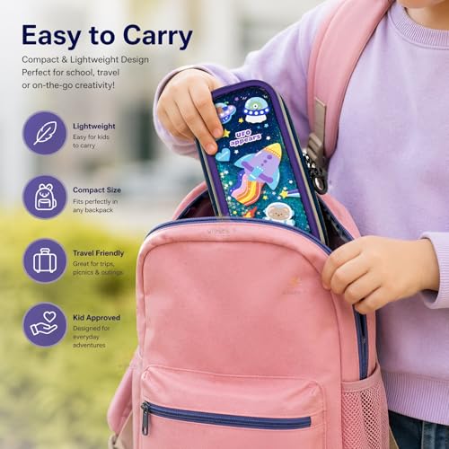 Image of WISHKEY Cute Cartoon Printed Pencil Case for Kids, Hard Shell EVA Zipper Pouch with Compartments, Multipurpose Pencil Box Organizer for School Supplies, Stationery Storage for Boys & Girls Space