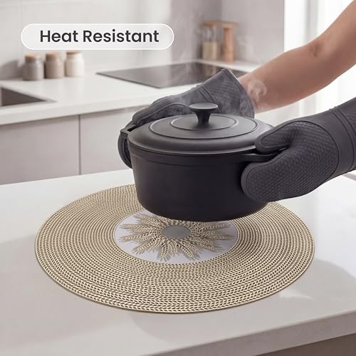Image of Yellow Weaves 1 Pc PVC Hollow Woven Design Table Placemat, Dining Table Mat, Anti-Skid, Washable, Dining, Kitchen, Restaurant Table Set Easy to Clean, Durable (Hollow Golden)