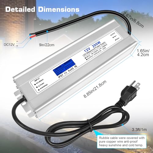 Image of LED Driver 200 Watts, IP67 Waterproof 12V Power Supply, AC 90-140V to DC 12V 16.67A Low Voltage Transformer with 3-Prong Plug 3.28ft Cable for LED Lights, Computer Project, Outdoor Use