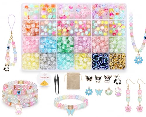 Image of Ambitieux DIY Bracelet Making Kit - 575+ Beads Jewelry Set with Glass, Double, Charms Pendants Accessories, Evil Eye, Elastic Thread, Cutter & Jute Bag - Craft Kit for Girls, Kids & Adults birthday 2 3 4 5 6 7 8 9 years (Crackle)