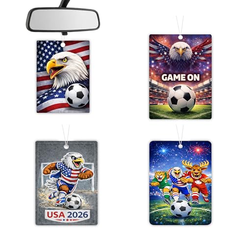 AROMA BLESSINGS Limited Edition 2026 Soccer Fan Car Air Freshener with USA Flag | 4 Pack | Hanging Auto Air Freshener for Soccer Fans | Long Lasting Car Scent | Match Day Automotive Gift Set