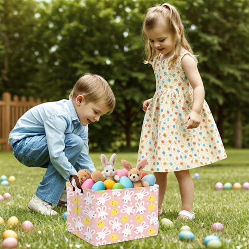 Image of Large Cute Easter Basket for Kid Empty Gift Baby Rectangle Storage Bin Bunny Eggs Boy&Girl Room Decor (Rabbit Chicken Star Pink)