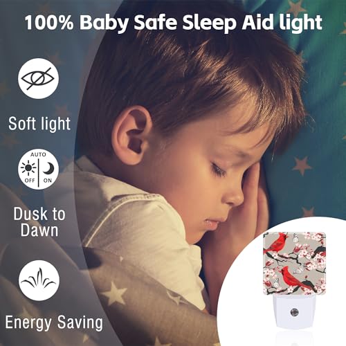 Image of Red Cardinal with Cherry Blossoms Night Light for Kids,Pink Spring Floral Bird Night Light Plug in with Dusk to Dawn Sensor,0.5w Energy Saving Nightlight for Hallway Stairway Kitchen Bedroom
