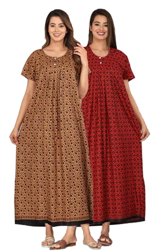 Image of Kuruti B Sheets Nighty for Women Cotton Combo (Pack of 2 Pcs) Nighty Gown Round Neck Short Sleeves Free Size