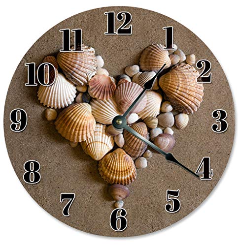 Sugar Vine Art SEA Shells Beach Clock Large 10.5 in Beach House Decoration, Beach Themed Wall Hang Clock Heart Shaped Shells