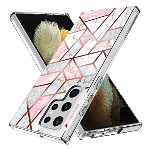 Coque Samsung S23 Ultra luxueuse avec finitions marbre rose géométrique et éclats laser