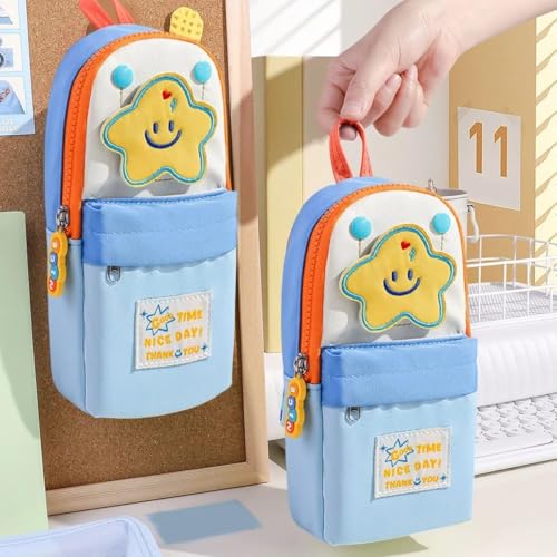 Image of Canvas School Bag Pencil Case, 3 Layer 6 Compartment Large Capacity, Aesthetic Pencil Pouch for Stationary, Cute Stationery for Kids, Pencil Case for Girls & Boys (Blue Star)