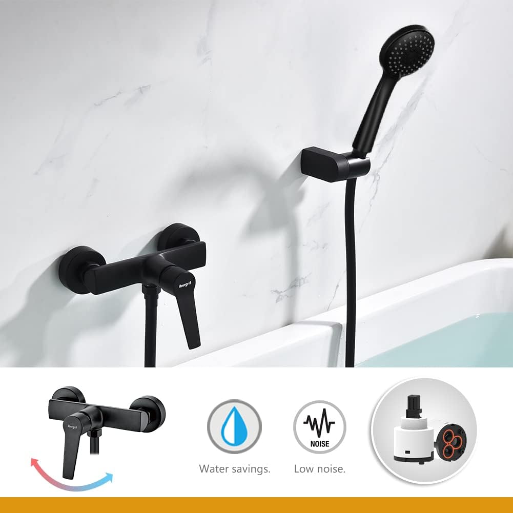 Installed shower mixer with icons indicating water savings, low noise operation, and a ceramic cartridge for durability.