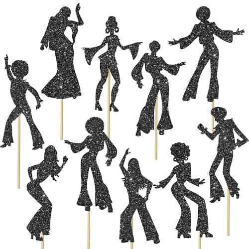 Image of 12Pcs Disco Dancing Party Centerpiece Sticks 70s Disco Party Decorations Black Glitter 80's Disco Dancer Table Toppers for Disco Ball Music Theme Party Birthday Party Supplies