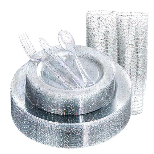Rubtlamp 180PCS Glitter Plastic Plates with Glitter Disposable Silverware Clear Glitter Plates for 30 Guests Include 30Dinner Platos 30Dessert Platos 90Cutlerys 30Cups for Party