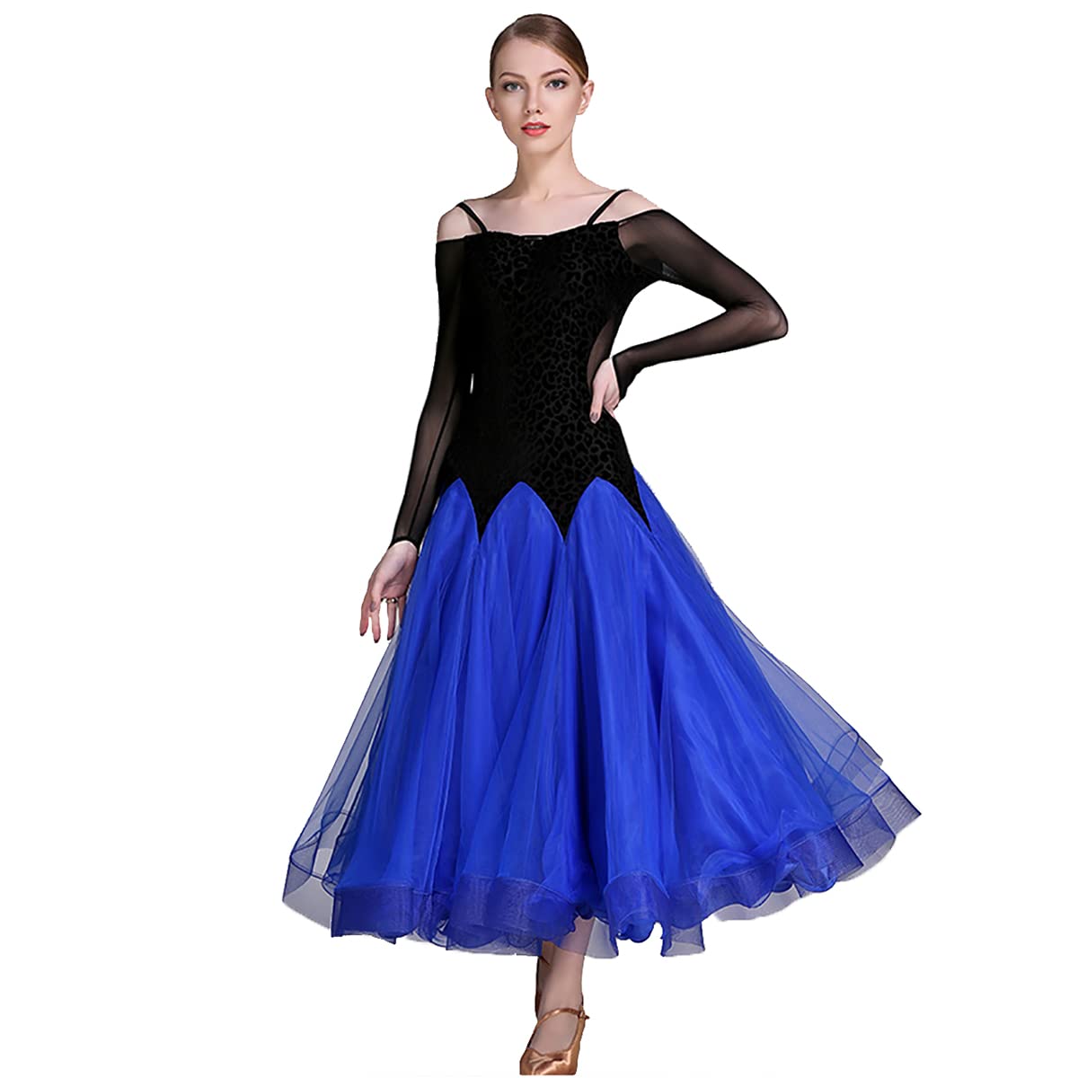 Damskie nowoczesne ubrania do tańca walca sala balowa taniec konkurs kostiumy kobiety moda seksowna sukienka chusta seksowna dekolt w serek otwarte plecy koronka długie rękawy elegancka sukienka imprezowa
