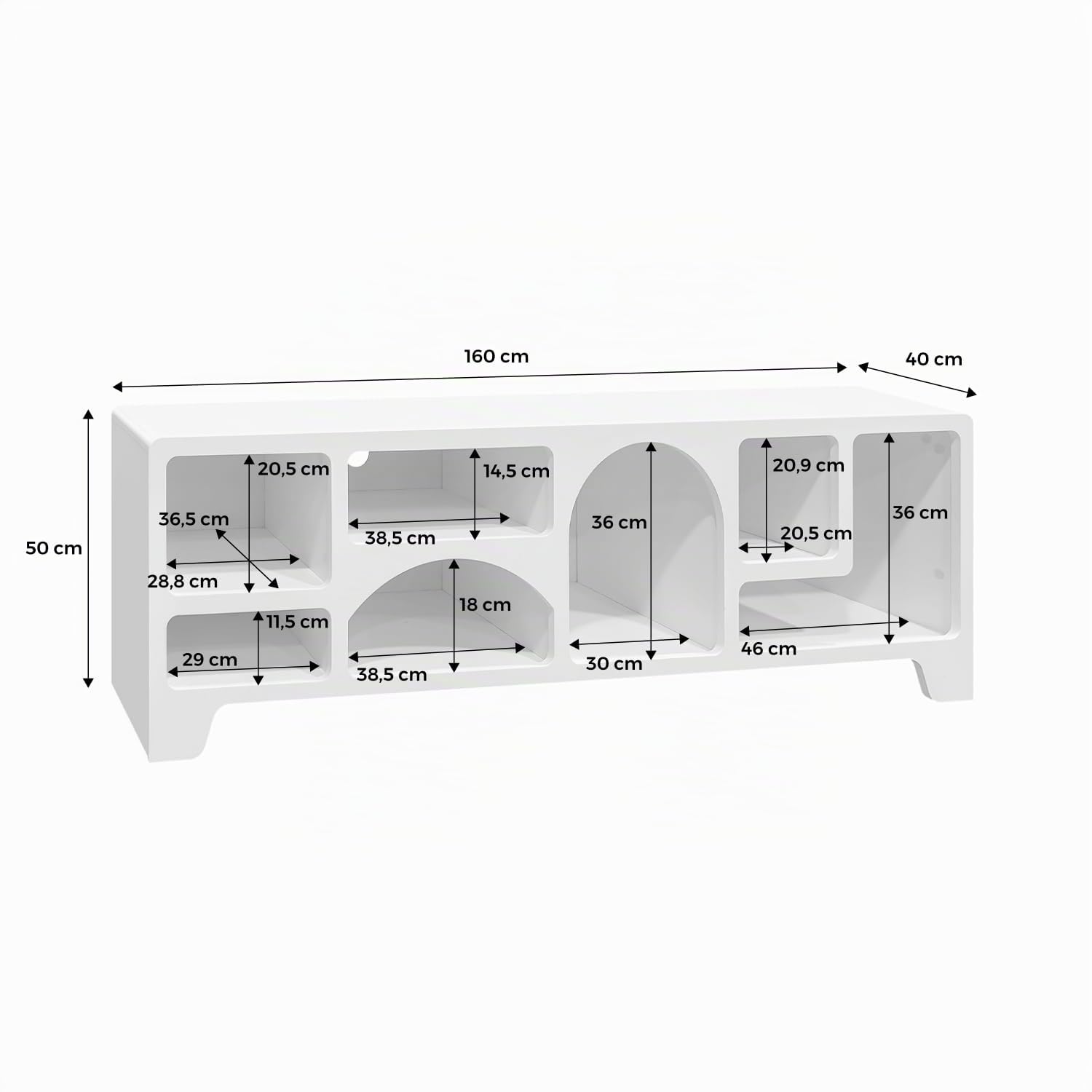 Alice's Garden sweeek - Meuble TV Organique Effet Bois Blanc 160cm avec Plusieurs niches 7 Compartiments de Rangement L160cm