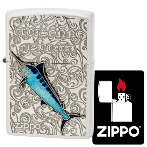 KAJIKAWA(カジカワ) Zippo ジッポ ライター 防風 真鍮製 七宝メタル メタル貼り エッチング 古美仕上げ 特製ステッカー付き シルバー AN-カジキ