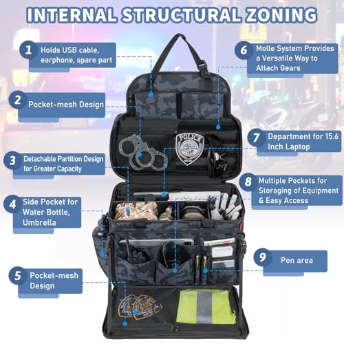 Image of Patrol Bag Law Enforcement, Police Gear Bag Car Front Seat Organizer for Police with Laptop Layer and Cup Holders, MOLLE System, Fits Vehicle Passenger Seat, Black Camo