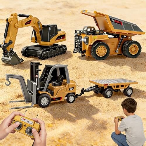 RC Construction Vehicles — 1/64 Scale RC Construction Vehicles Set, Alloy Forklift, Excavator & Dump Truck, 8-Channel Mini Remote Control Digger Toy, Rechargeable Desktop Micro Construction Fleet