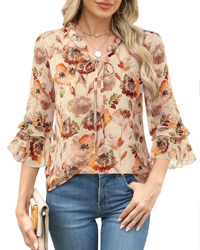 Furnex Womens Tops Dressy Casual Ruffle 3/4 Sleeve V Neck Elegant Floral Chiffon Blouses2