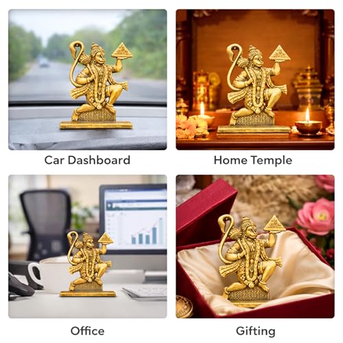 Image of 6cm Height Unique Hanuman ji Idol with Double Sided Design Hanumanji Murti Bajrangbali Statue for Home Temple&Car Dashboard,Office,Gift- for Good Luck & Fortune|(Gold)(Pack of 01)