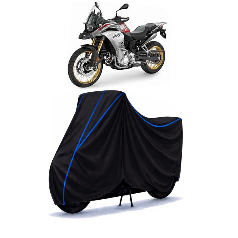 Image of F 850 GS Bike Cover Water Resistant Universal Motorcycle Rain | Heavy Duty UV Protection, Dust, Scratch Indoor Outdoor All Weather with Black Blue Piping Elastic