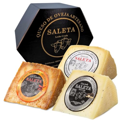 Amaisso® Cesta Quesos Gourmet Regalo | Queso Oveja de La Mancha | 3 Cuñas Queso con Trufa, Guindilla y Ahumado Tipo Manchego | Surtido de quesos para regalar 'Pack Especialidades 750gr' SALETA