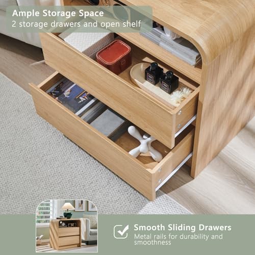 Image of Aitjunz 25 inch Tall Modern Nightstand Set of 2, 23.6'' Wide Wood Bedside Table w /2 Storage Drawers, Charging Station, Mid Century End Table for Bedroom, Living Room,Curved Profile Design, Natural Oak