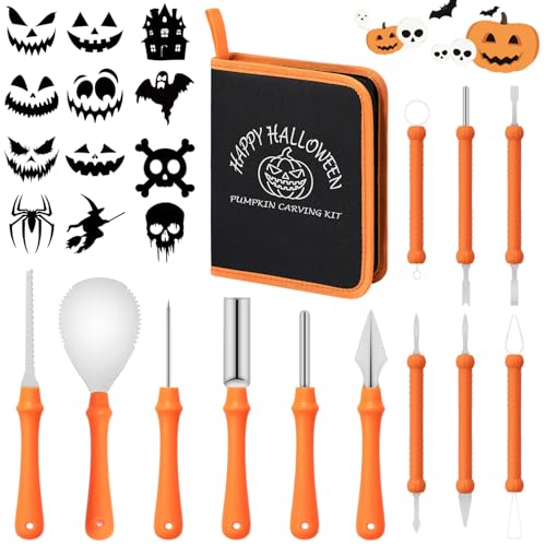 12PCS Halloween Pumpkin Carving Kit with 12 Stencils,Professional Stainless Steel Pumpkin Carving Tools with Storage Hand Bag,Pumpkin Carving Set for Halloween Decorations,Both Adluts & Kids