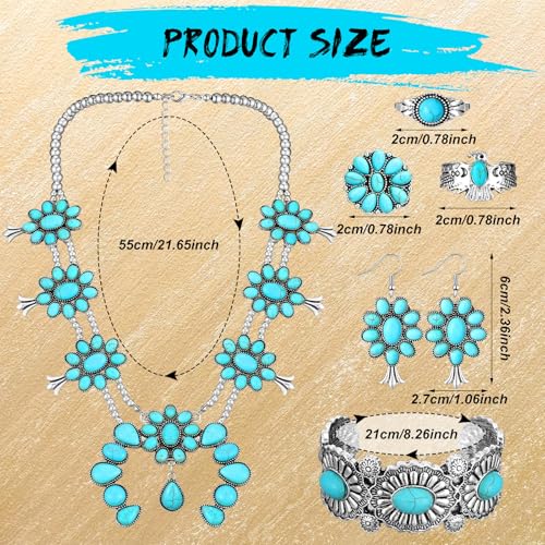 Image of Ecally Bohemian Western Jewelry Turquoise Set Women Country Pendant Long Choker Layered Bracelets Earrings Ring for Women