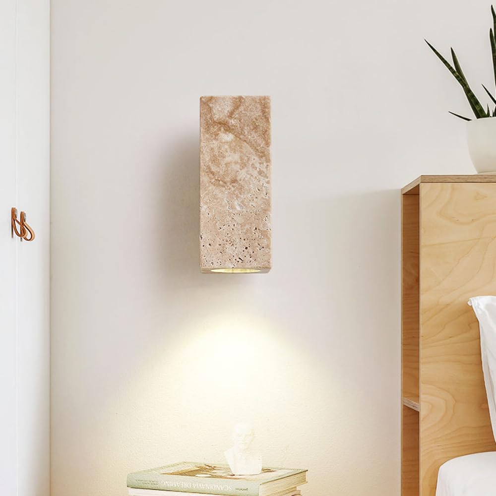 Applique carrée en pierre de travertin jaune E27/E26, luminaires muraux de style Wabi Sabi pour salon, lampe murale à base de grain de bois transparent pour espaces de vie, chambres à coucher,