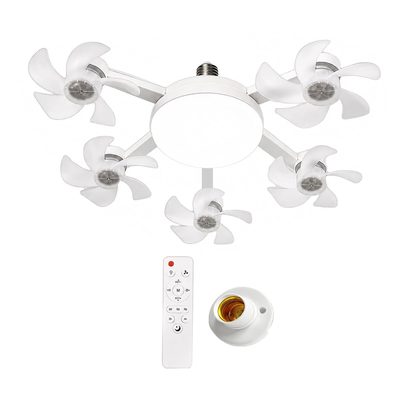Ceiling Fan with Light and Remote Control, Foldable Blade Silent LED Fan Light, E27 Socket Fitting, 3-Speed Dimmable Lamp for Bedroom Kitchen, 40-60cm Adjustable White 5pcs B