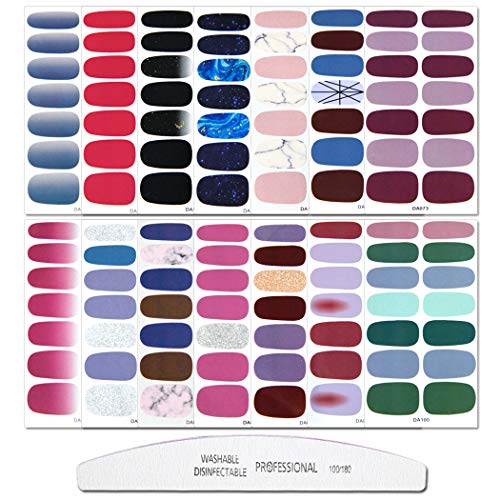 WOKOTO 14 Sheets Adhesive Nail Polish Wraps Decals Tips with 1Pc Nail File Solid Color Nail Art Polish Stickers Strips Set Manicure Kit