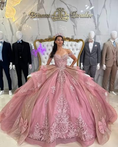 Mauuwy Off Shoulder Quinceanera Dresses Layered XV Sweet 16 Dresses with Tassels Beaded Vestidos De 15 Años with Bow4