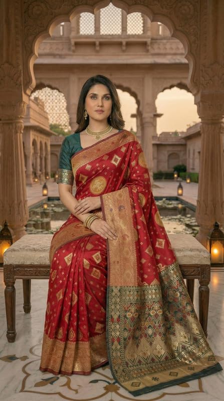 Image of C J Enterprise Women's Pure Soft Silk Saree With Blouse Piece For Wedding (Diamond-Patola)