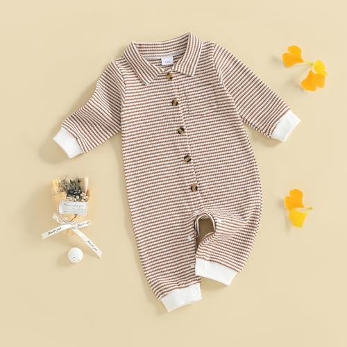 Newborn Baby Boy Clothes Stripe Collared Romper Waffle Knit Long Sleeve Button Up Jumpsuit Bodysuit Fall Winter Outfit4