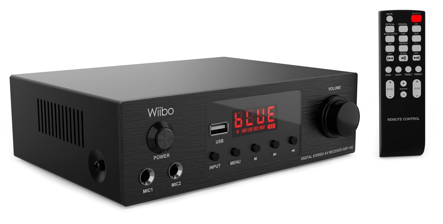Wiibo AMP-100 - Amplificatore Audio HiFi - Connessione Bluetooth - Risposta Lineare con Potenza 50W + 50W - Ingressi Microfono e USB - Amplificatore HiFi con Lettore MP3 e Radio FM