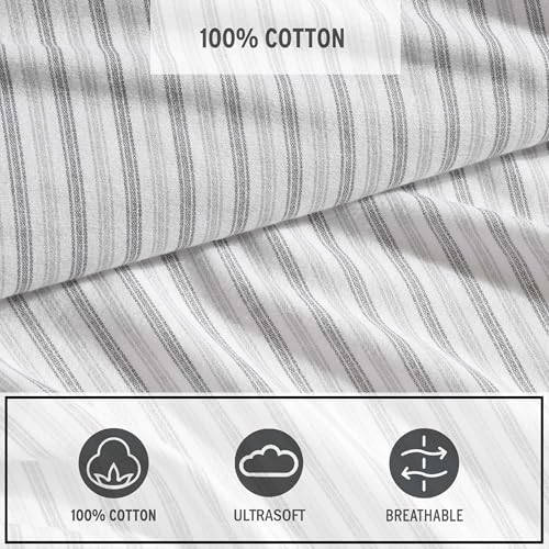 Image of Eddie Bauer - Queen Bed Sheets, Cotton Flannel Bedding Set with Matching Pillowcases, Brushed for Extra Softness, Deep Pocket, Oeko-Tex Certified (Ticking Stripe Grey)