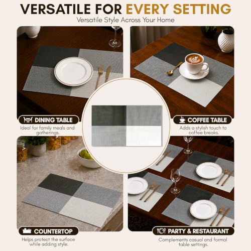 Image of Solitude Set of 4 Dining Table Placemats | Non-Slip PVC Table Mats, Heat Resistant, Washable, Stain-Resistant Surface (Black & White, 45 x 30 cm)