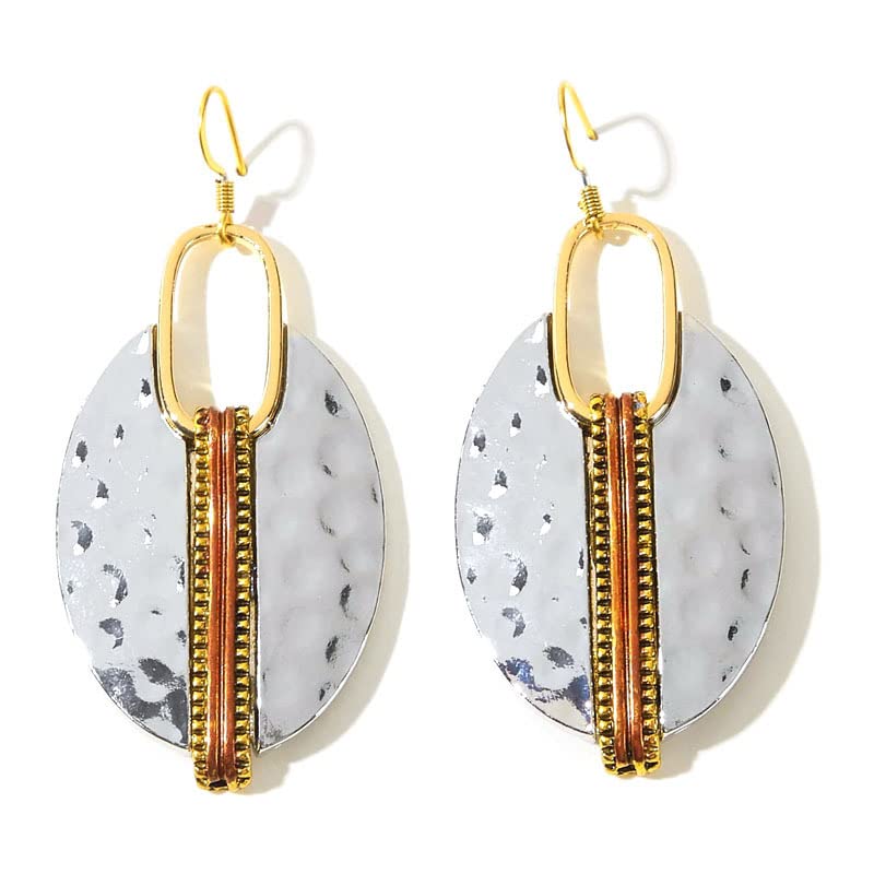 DIAMANTIO Statement Boho Hammered Metal Oval Dangle Earrings 18K Gold Plated – Mixed Metal Drop Earrings with Gold, Silver & Copper Accents for Women