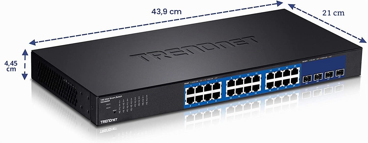 TRENDnet, TEG-30284, Commutateur Web intelligent 28 ports, 24 ports Gigabit, 4 emplacements SFP+ 10G, liaisons montantes réseau haut débit, capacité de commutation 128 Gbit/s, montage en rack 1U, noir