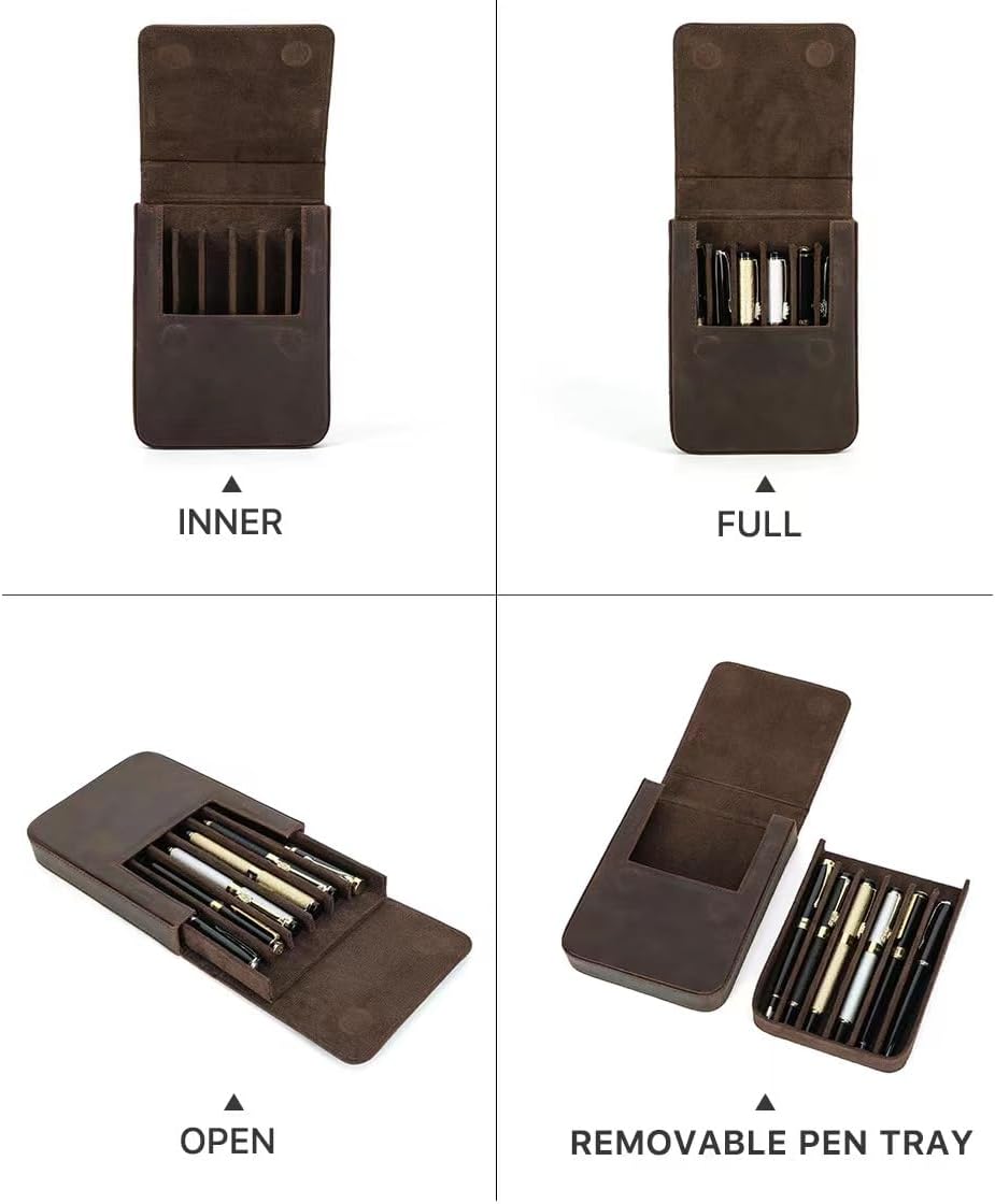 6Slots Fountain Pen Collector Organizer - Handmade Pen Case Vintage Crazy Horse Print Leather Pen Protective Sleeve Cover Pen Storage Gift Box