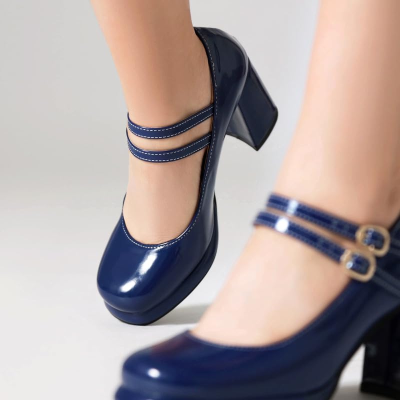 Women's Chunky Heels Platform Mary Janes Square Toe Pumps 3 Strap Patent Leather Block High Heel Dress Shoes4