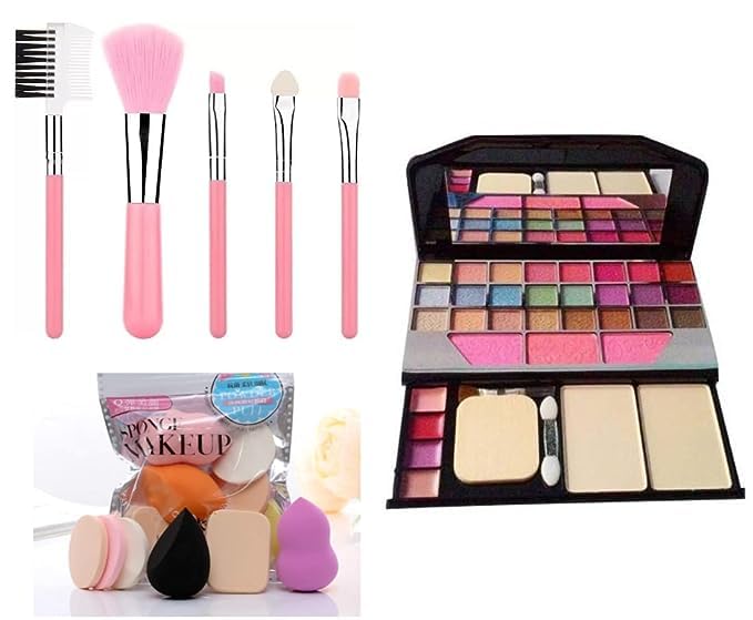 KAARM Women's & Girl's TYA 6155 Multicolour Makeup Kit and 5 Pink Makeup Brushes with 6in1 Makeup Sponges Beauty Blender - (Pack of 12)