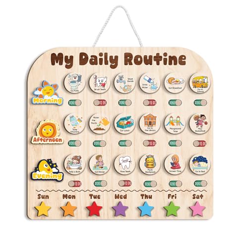 Image of Wooden Daily Routine with Stars, Chore Chart for Kids, Visual Schedule for Kids, Morning Evening Routine Chart, Preschool Routine Chart, Routine Chart for Kids