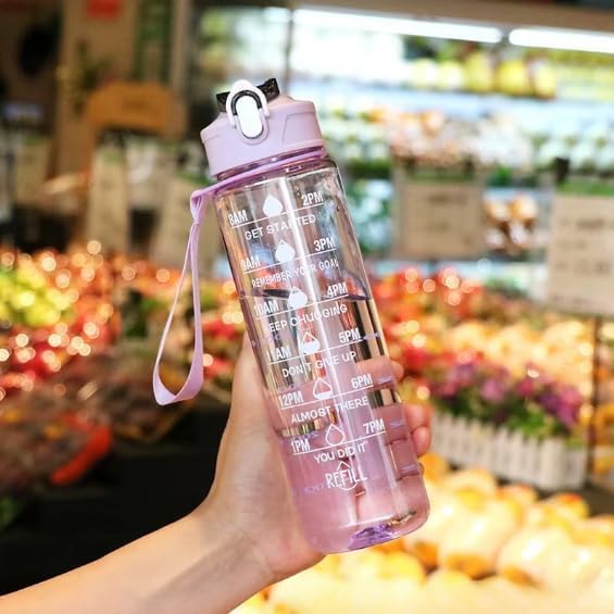 Image of inulec 3-in-1 Transparent Water Bottle Set (2000ML, 900ML, 300ML) with Motivational Time Markers, Leakproof & Gym Bottles, Fitness, Travel (3 Pics Transparent Water Bottle) (PURPLE)